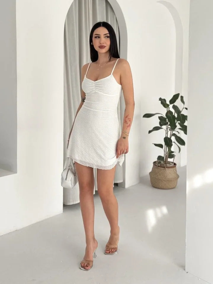 Askılı Mini Elbise Drapeli Göğüs Detay Likralı Yazlık Fit - Beyaz