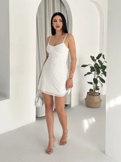 Askılı Mini Elbise Drapeli Göğüs Detay Likralı Yazlık Fit - Beyaz