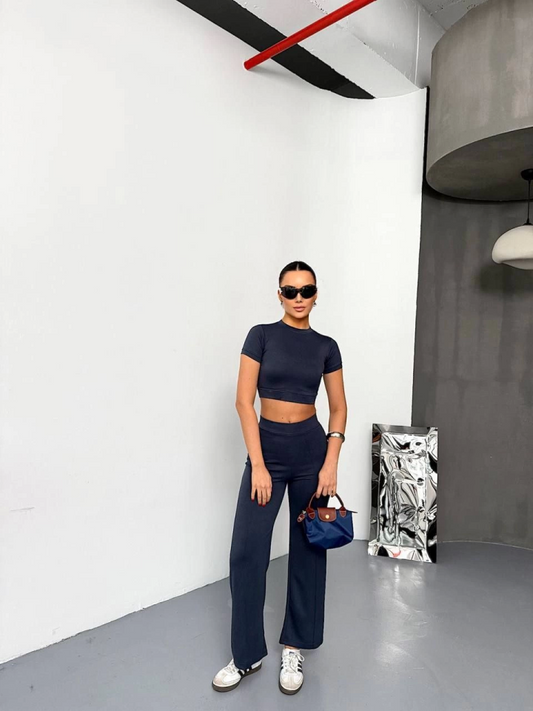 Osy Modal Yumuşak Dokulu Kumaş Kısa Kollu Crop Alt Ispanyol Paça Pantalon Ikili Takım - Füme