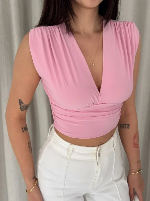 Vatkalı Kolsuz V Yaka Drapeli Crop Bluz Likralı Fit - Pembe